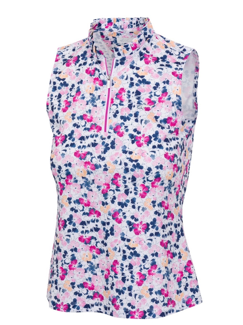 Greg Norman Collection Floral Sleeveless Zip Polo in Pink, Navy & Cream